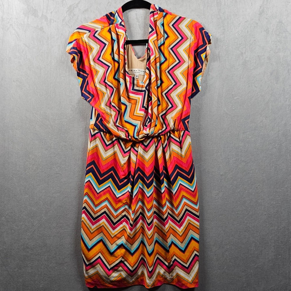 Trina Turk Dress Womens 4 Multi-Color Chevron Zigzag Draped Cowl Neck Jersey